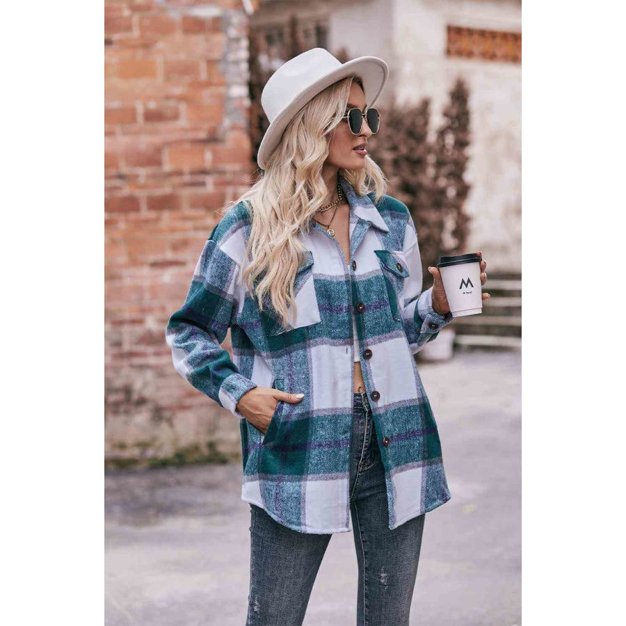 Plaid Long Sleeve Shirt Jacket with Pockets Deep Teal / S