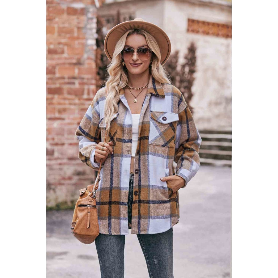 Plaid Long Sleeve Shirt Jacket with Pockets Ochre / S