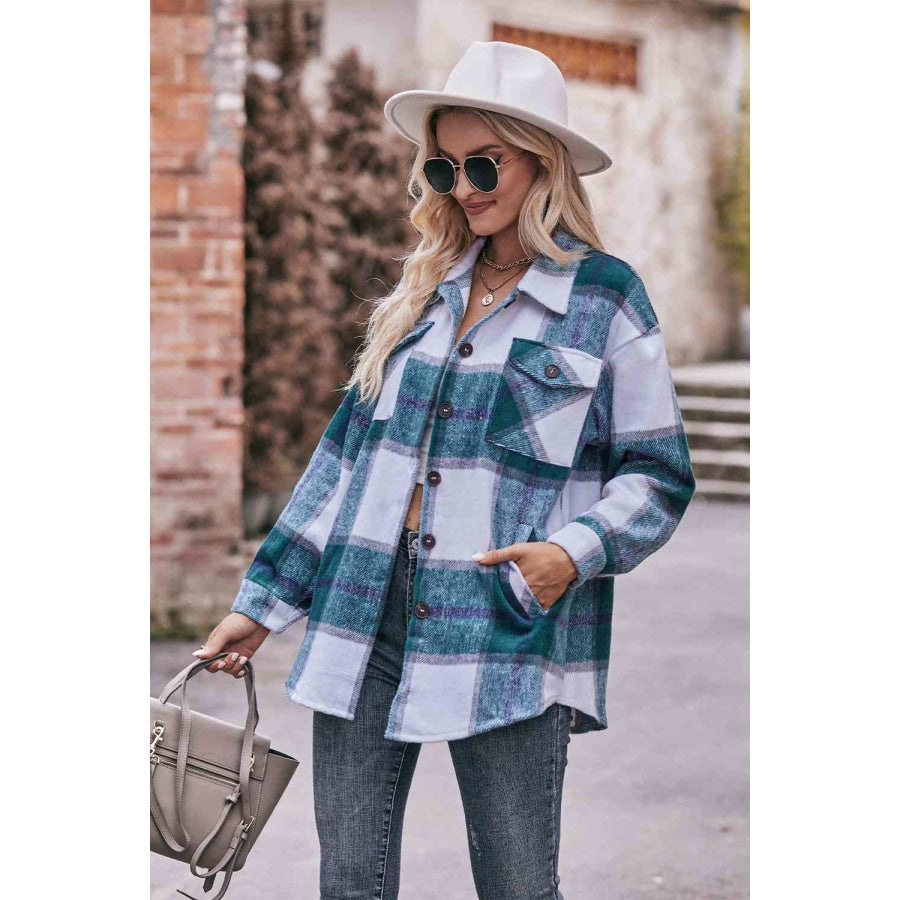 Plaid Long Sleeve Shirt Jacket with Pockets