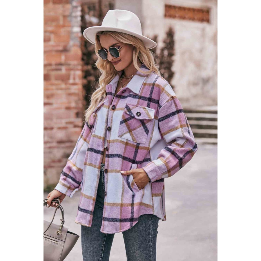 Plaid Long Sleeve Shirt Jacket with Pockets Carnation Pink / S