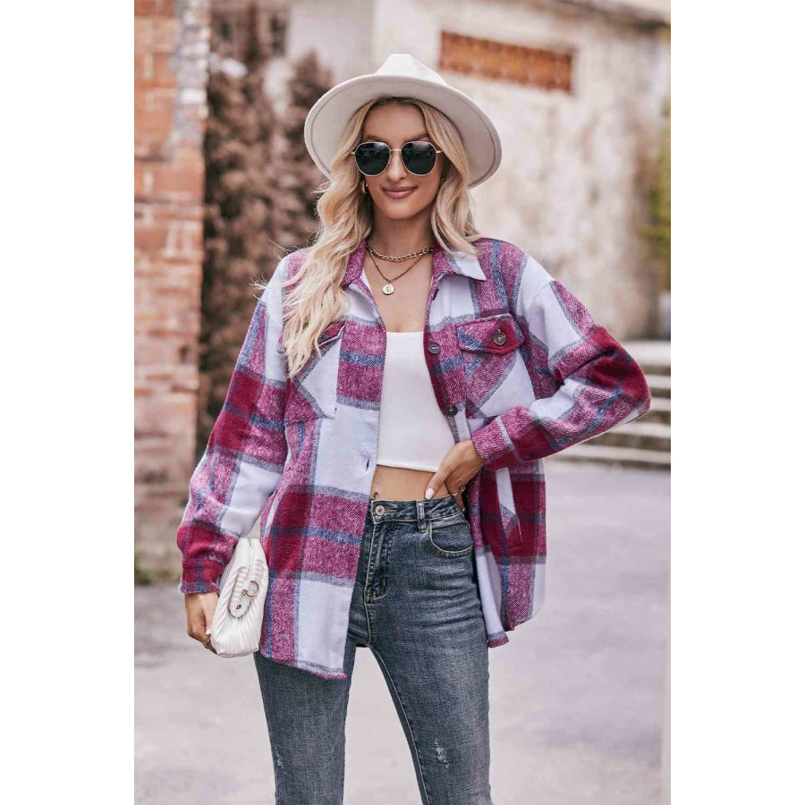 Plaid Long Sleeve Shirt Jacket with Pockets