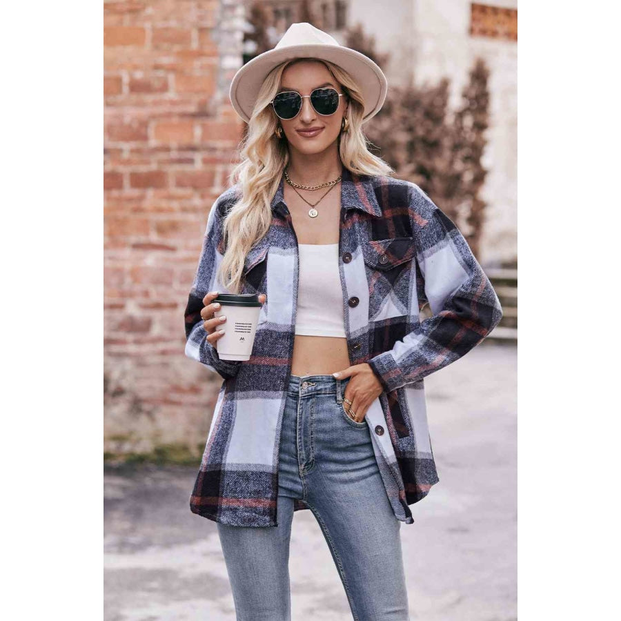 Plaid Long Sleeve Shirt Jacket with Pockets