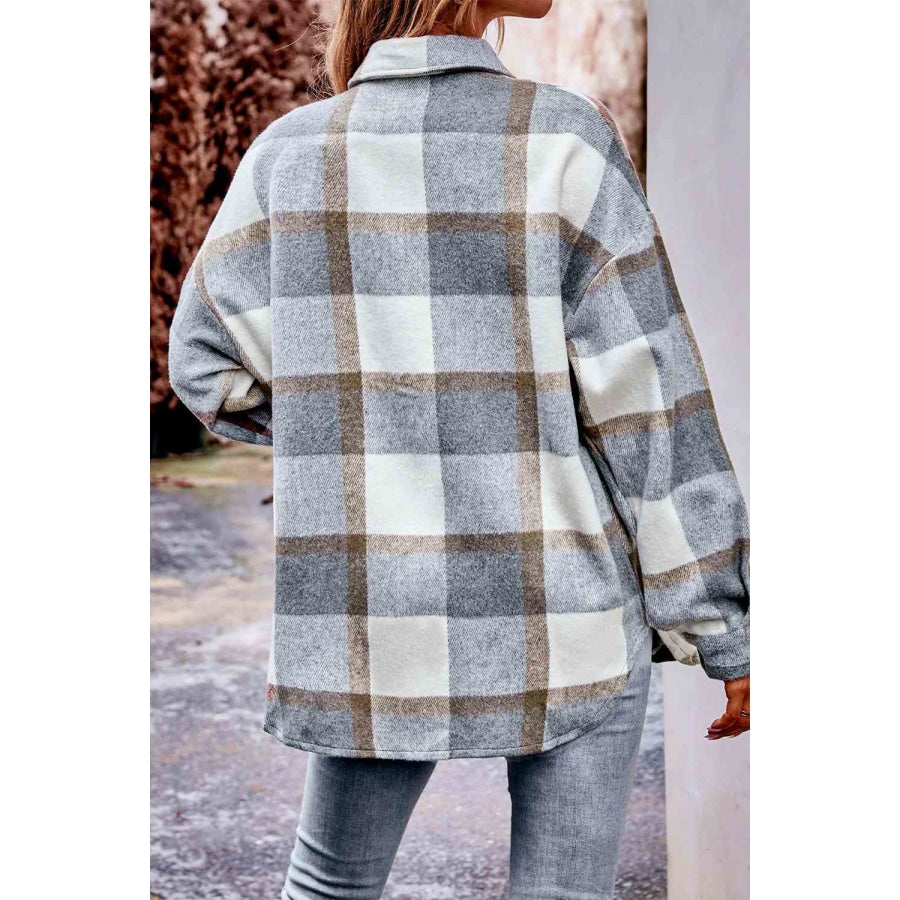 Plaid Long Sleeve Shirt Jacket with Pockets