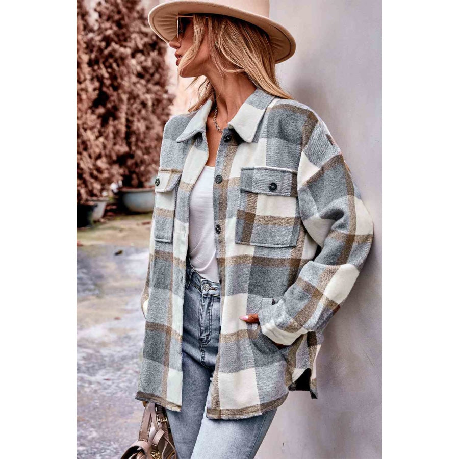 Plaid Long Sleeve Shirt Jacket with Pockets