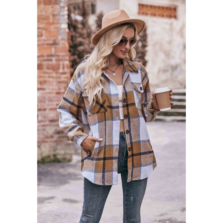 Plaid Long Sleeve Shirt Jacket with Pockets