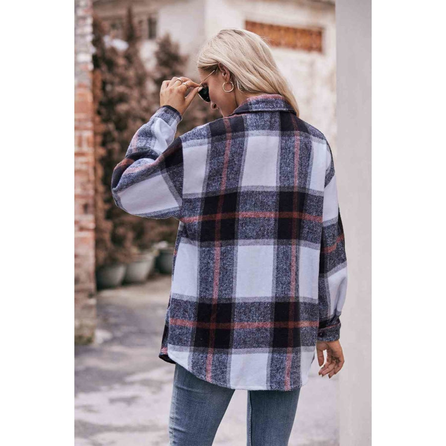 Plaid Long Sleeve Shirt Jacket with Pockets