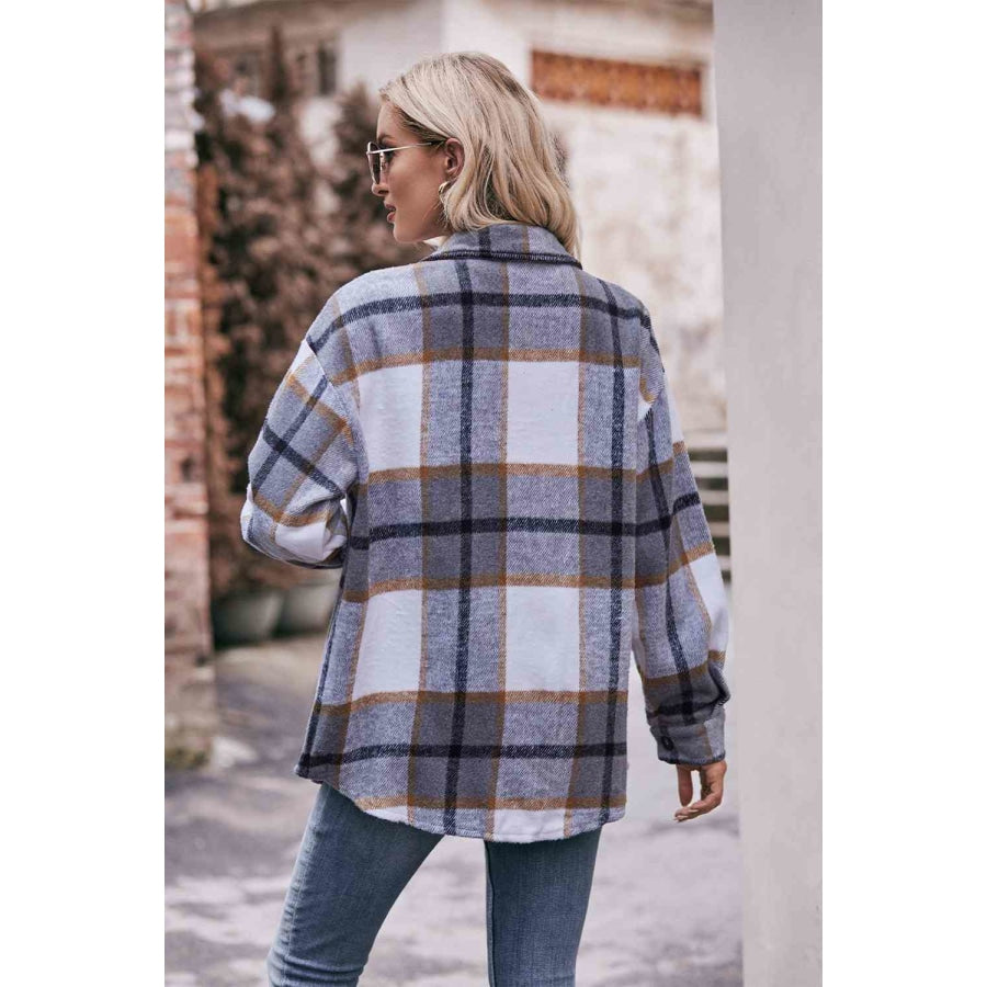 Plaid Long Sleeve Shirt Jacket with Pockets