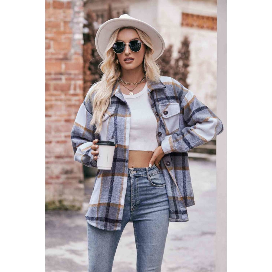 Plaid Long Sleeve Shirt Jacket with Pockets