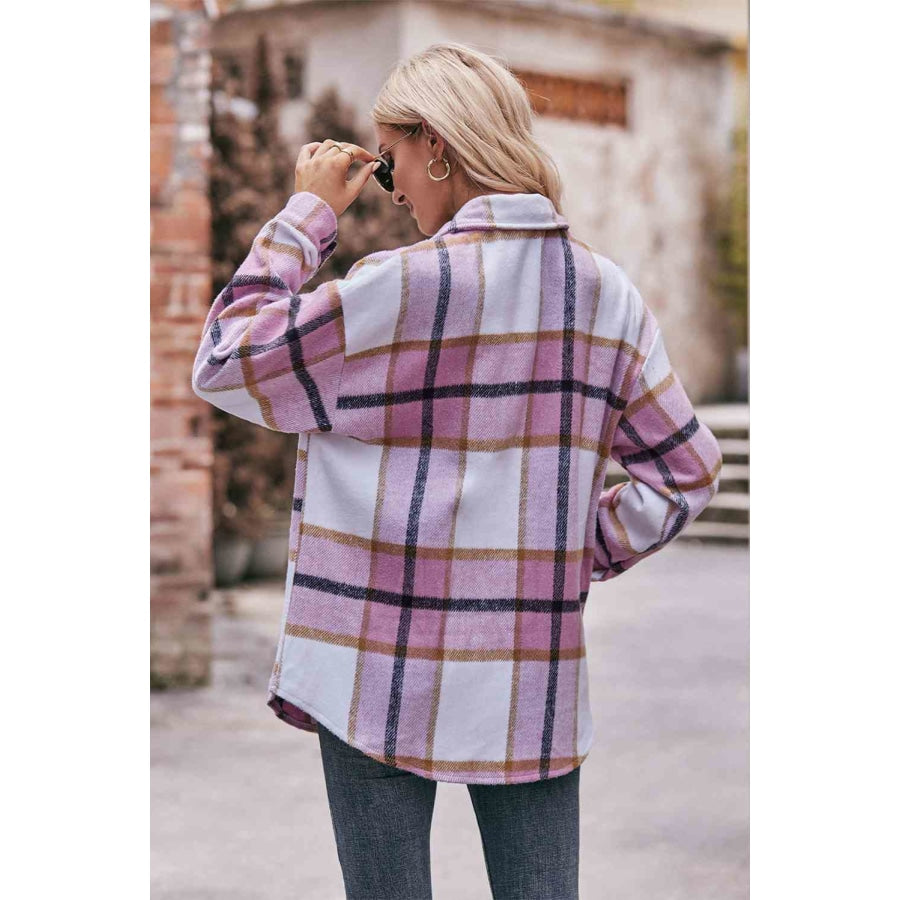 Plaid Long Sleeve Shirt Jacket with Pockets