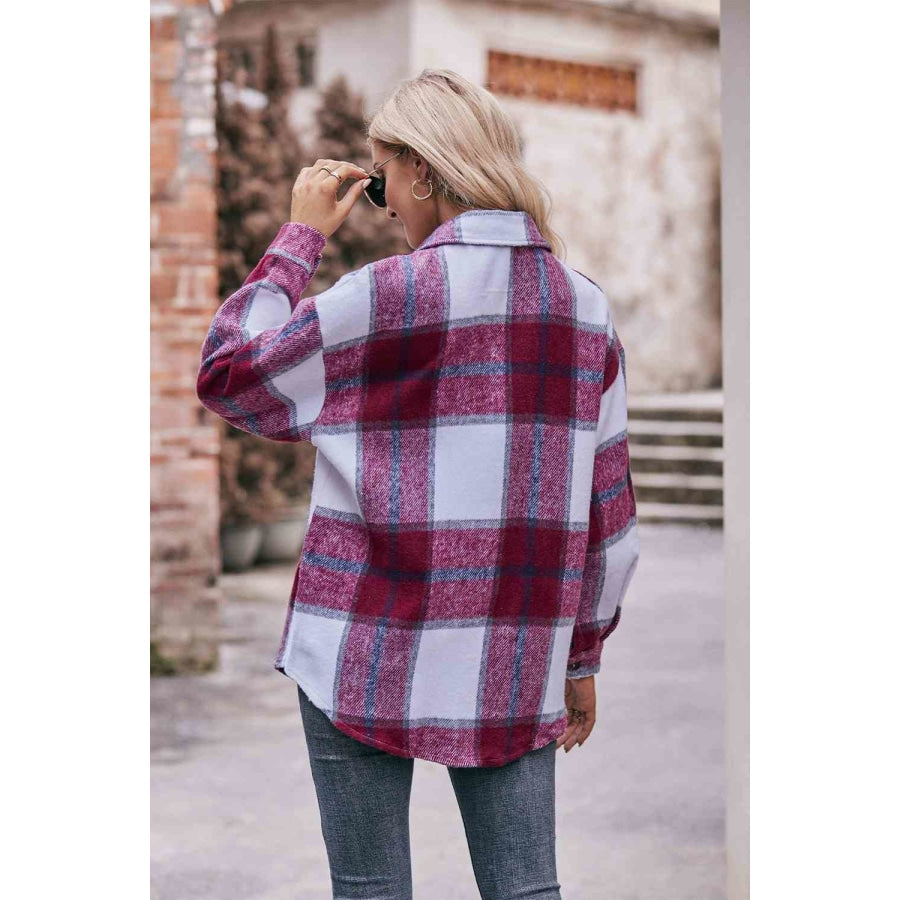 Plaid Long Sleeve Shirt Jacket with Pockets