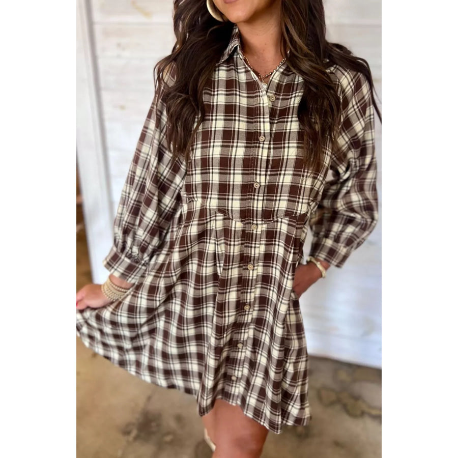 Plaid Long Sleeve Short Shift Mini Dress Apparel and Accessories