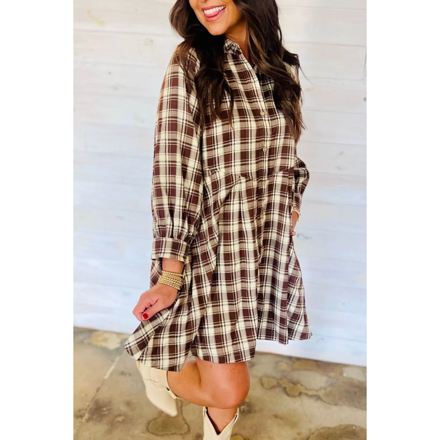 Plaid Long Sleeve Short Shift Mini Dress Apparel and Accessories