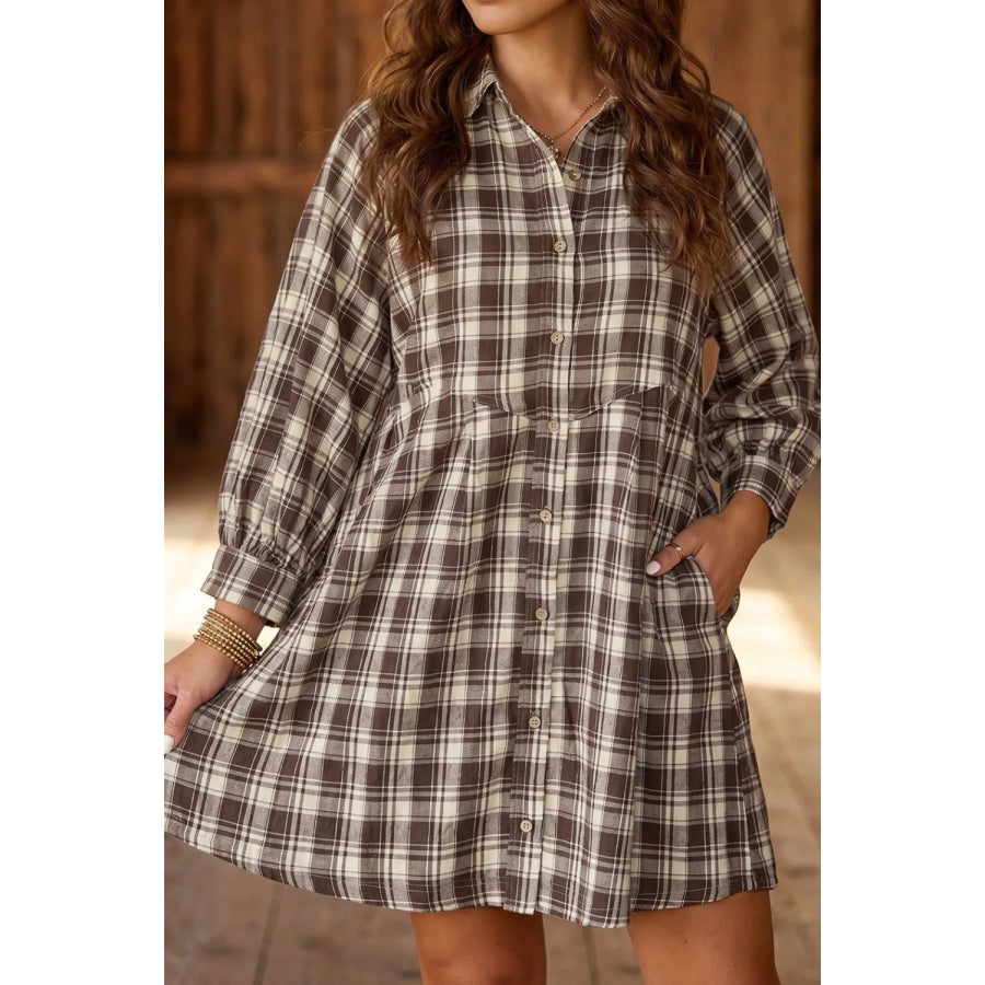 Plaid Long Sleeve Short Shift Mini Dress Apparel and Accessories