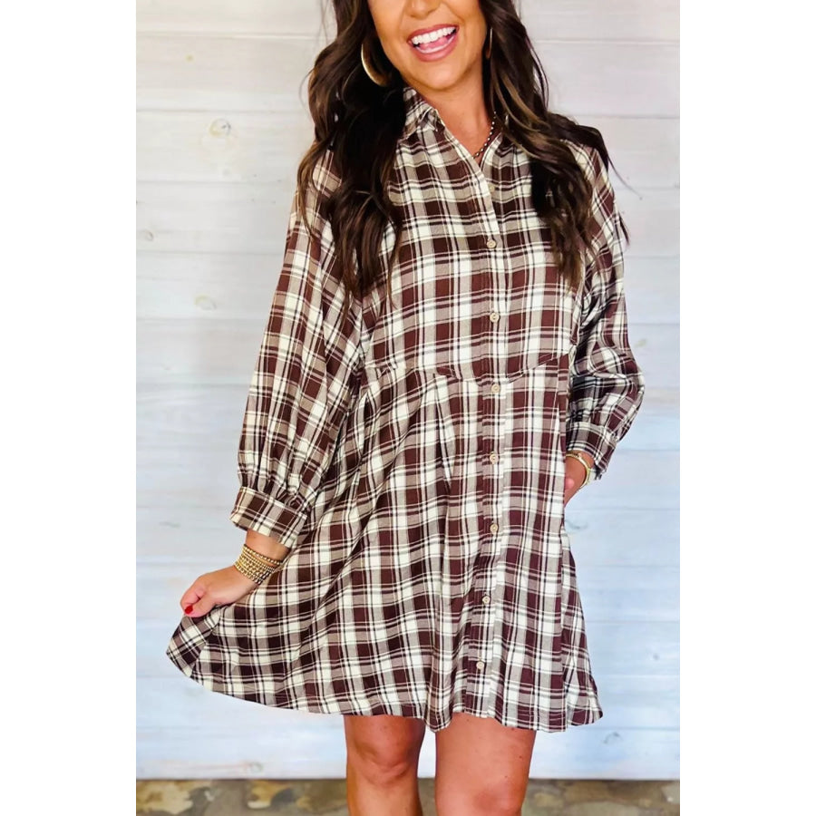 Plaid Long Sleeve Short Shift Mini Dress Plaid / S Apparel and Accessories