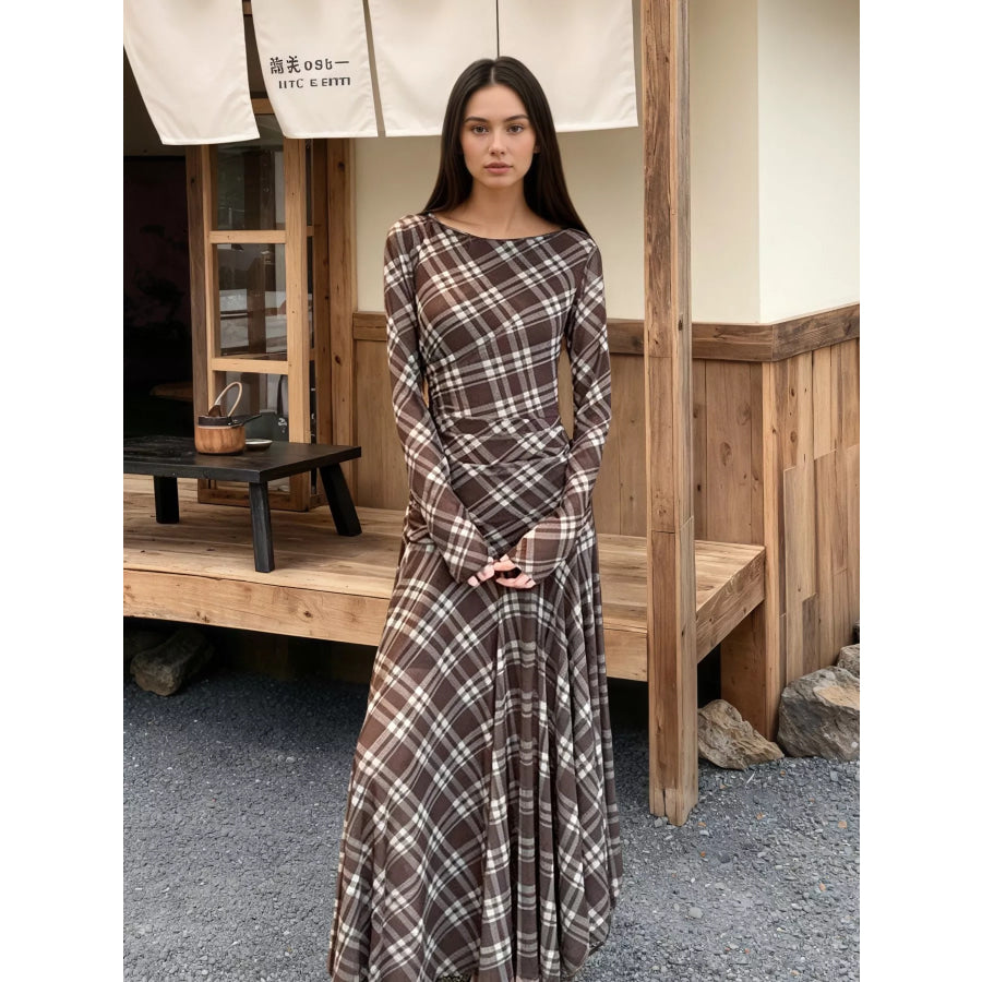 Plaid Long-Sleeve Slim-Fit Maxi Dress Apparel and Accessories