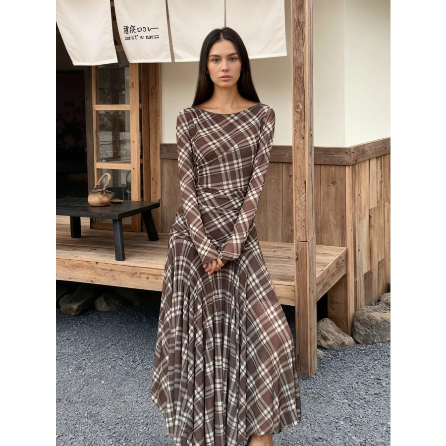 Plaid Long-Sleeve Slim-Fit Maxi Dress Brown / M Apparel and Accessories