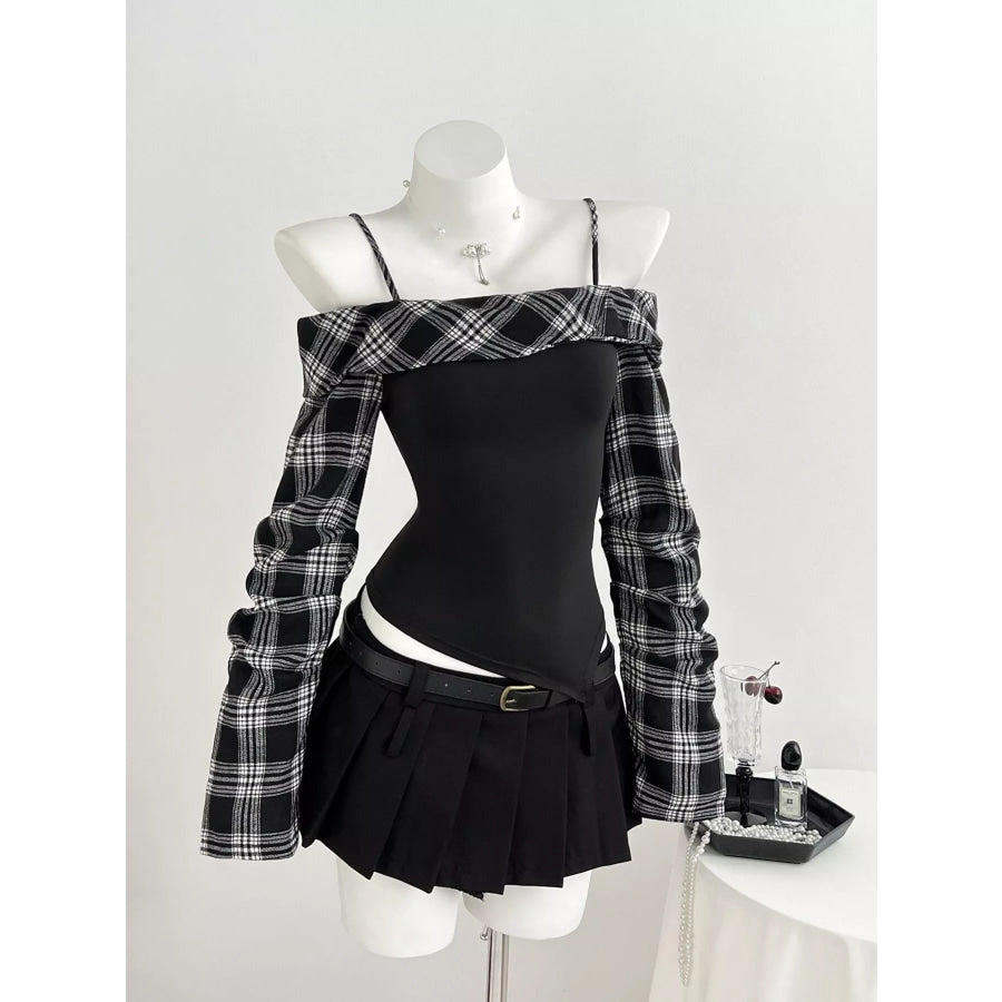 Plaid Long Sleeve Slim Fit T-Shirt Black / S Apparel and Accessories