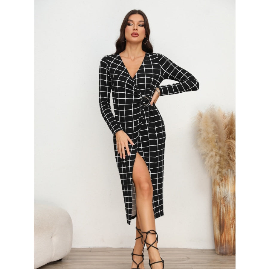 Plaid Long Sleeve Slit Dress Black / S