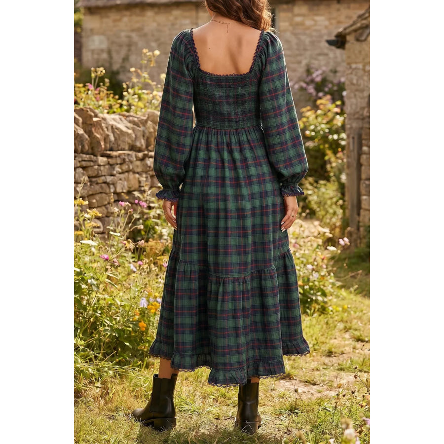 Plaid Long Sleeve Tiered Midi Dress Apparel and Accessories