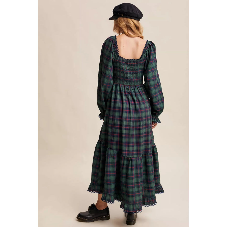 Plaid Long Sleeve Tiered Midi Dress Apparel and Accessories