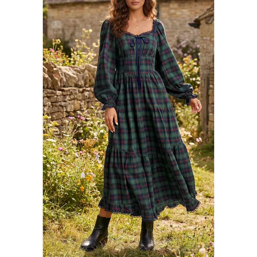 Plaid Long Sleeve Tiered Midi Dress Black Forest / S Apparel and Accessories