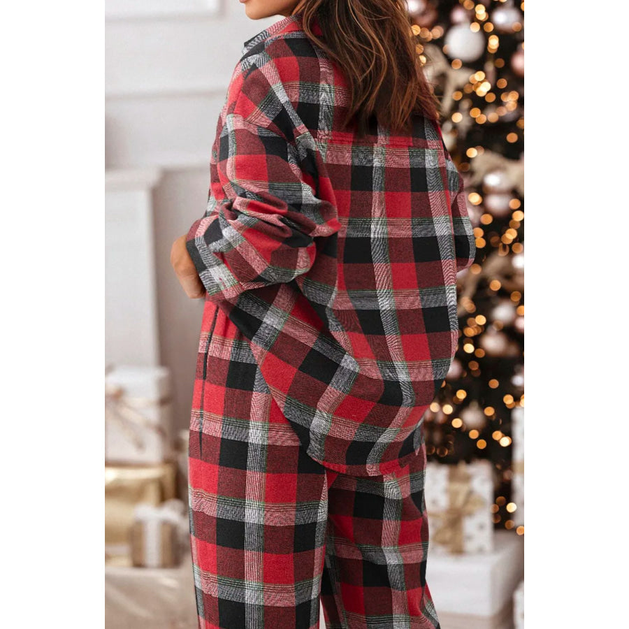 Plaid Long Sleeve Top and Pants Lounge Set Apparel and Accessories