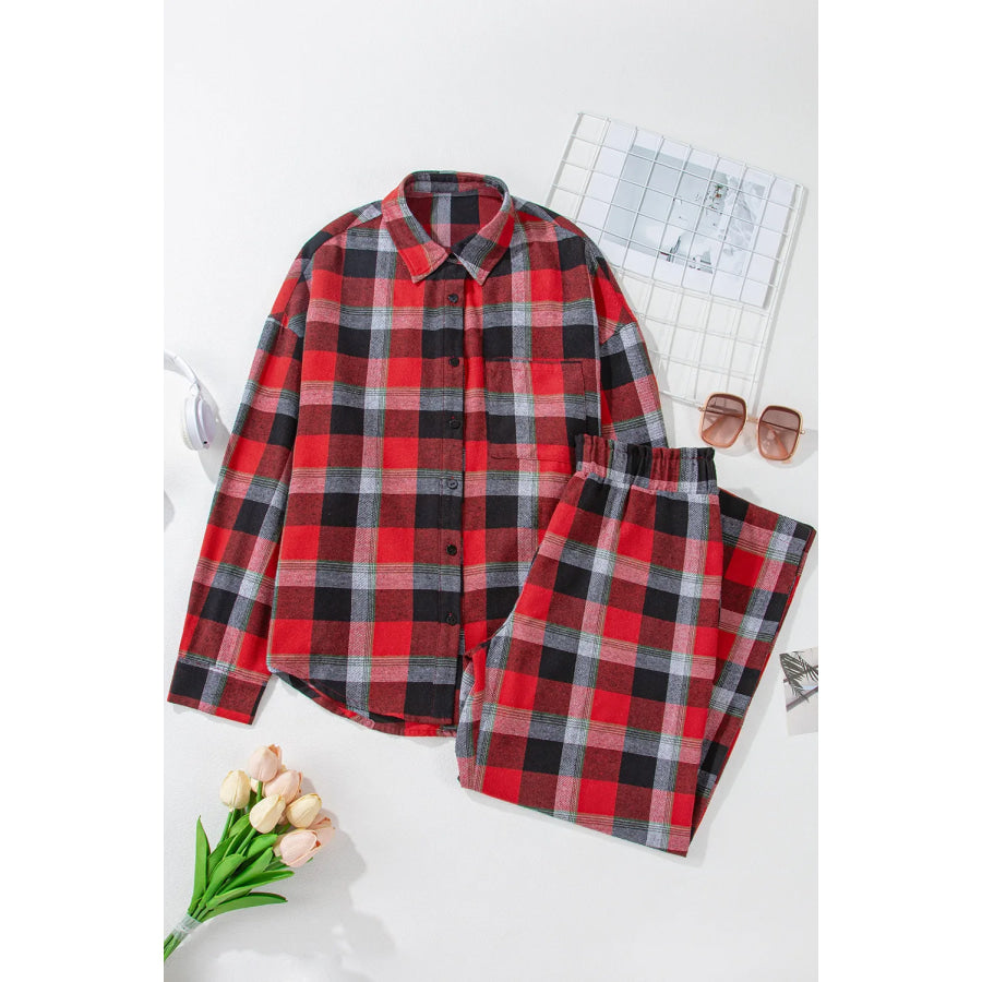 Plaid Long Sleeve Top and Pants Lounge Set Apparel and Accessories