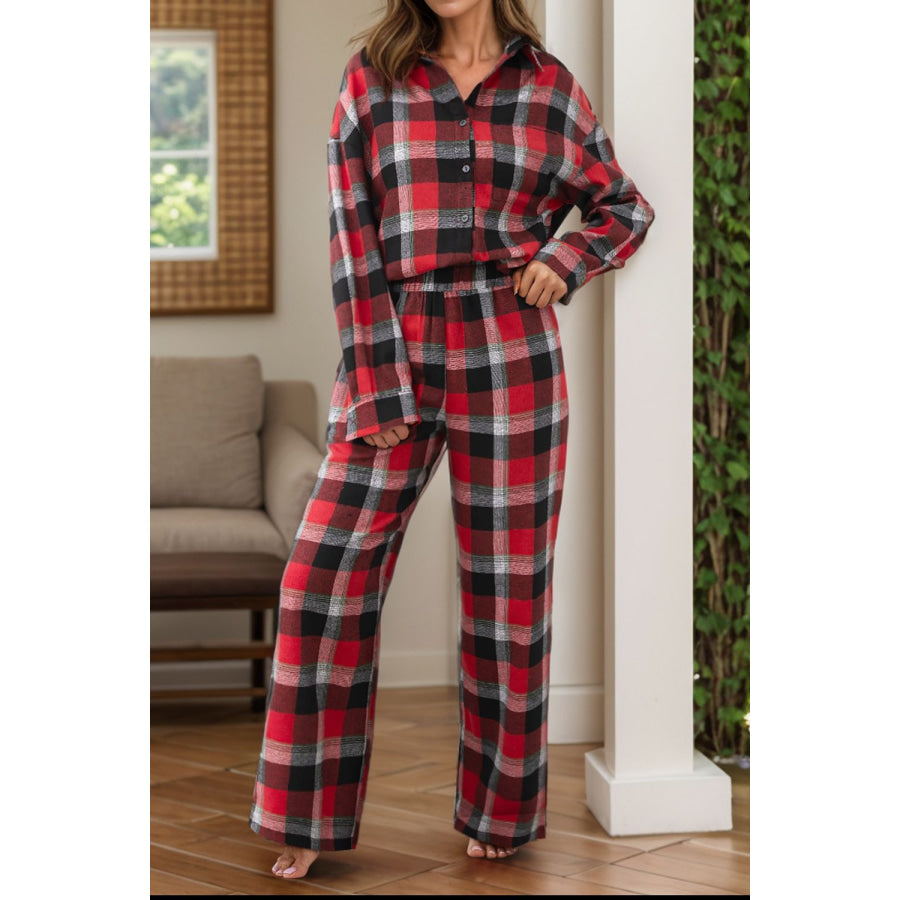 Plaid Long Sleeve Top and Pants Lounge Set Scarlet / S Apparel and Accessories