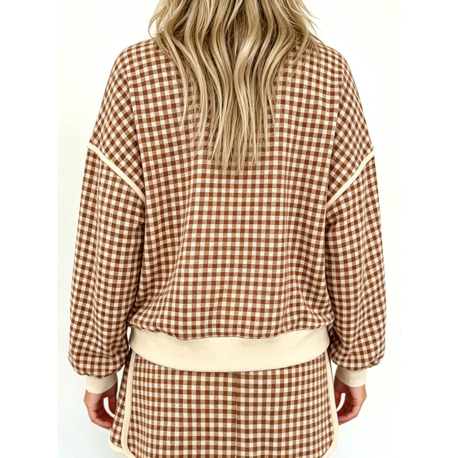 Plaid Long Sleeve Top and Shorts Set Khaki / S Apparel Accessories