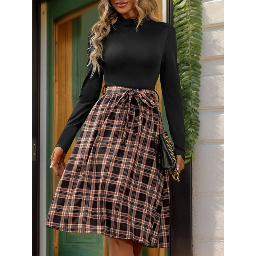 Plaid Mock Neck Long Sleeve Dress Apparel and Accessories