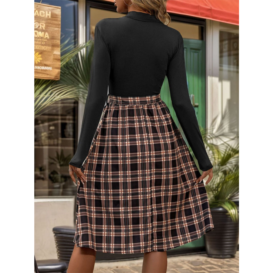 Plaid Mock Neck Long Sleeve Dress Black / S Apparel and Accessories