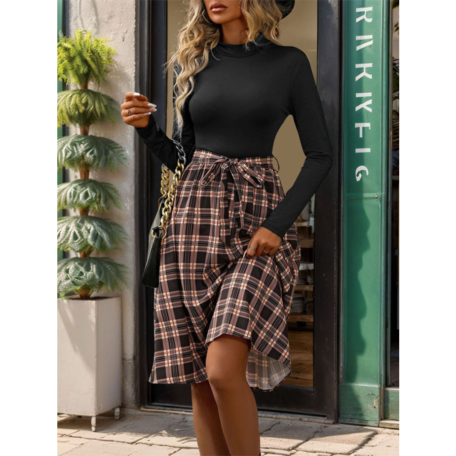 Plaid Mock Neck Long Sleeve Dress Apparel and Accessories
