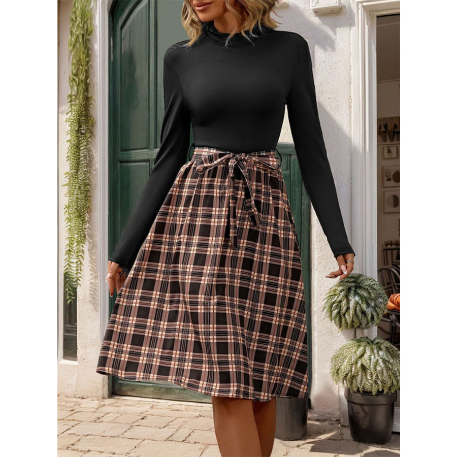Plaid Mock Neck Long Sleeve Dress Black / S Apparel and Accessories