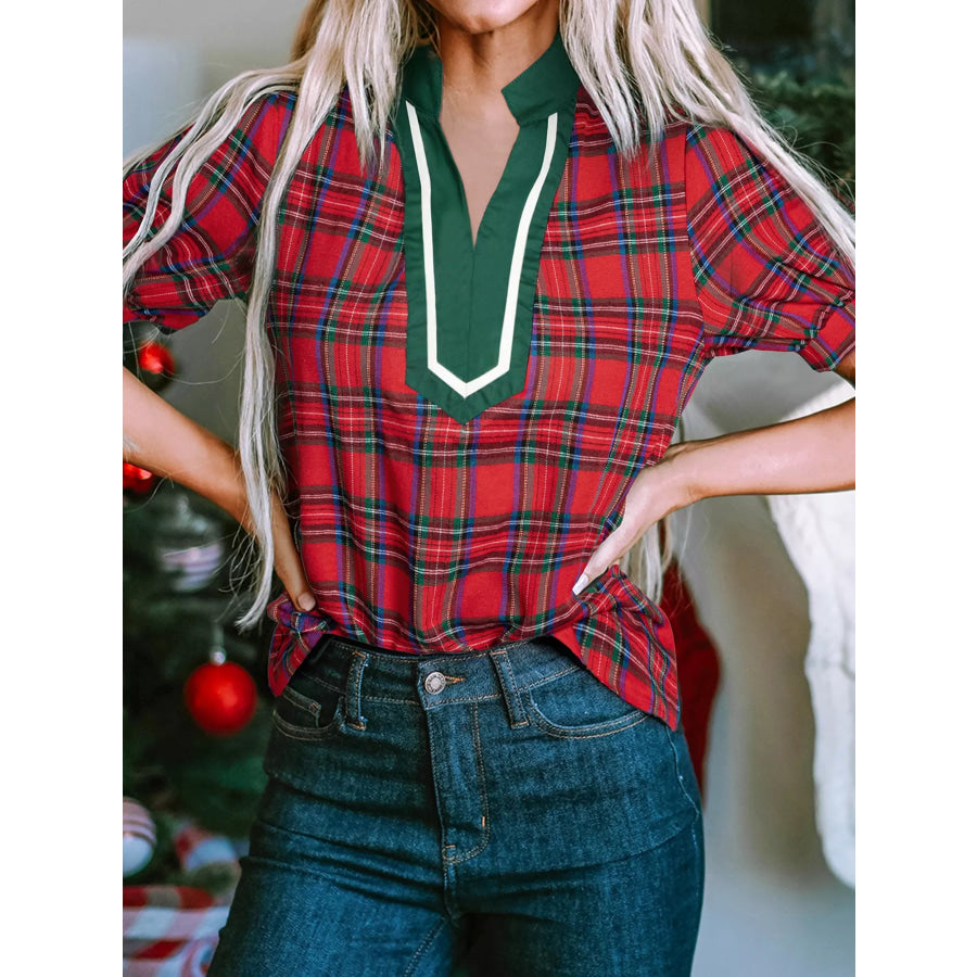Plaid Notched Short Sleeve Blouse Apparel and Accessories