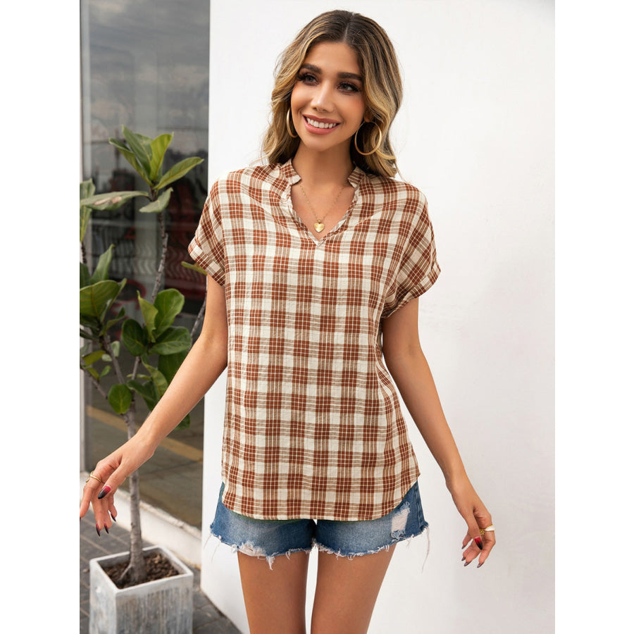 Plaid Notched Short Sleeve Blouse Apparel and Accessories