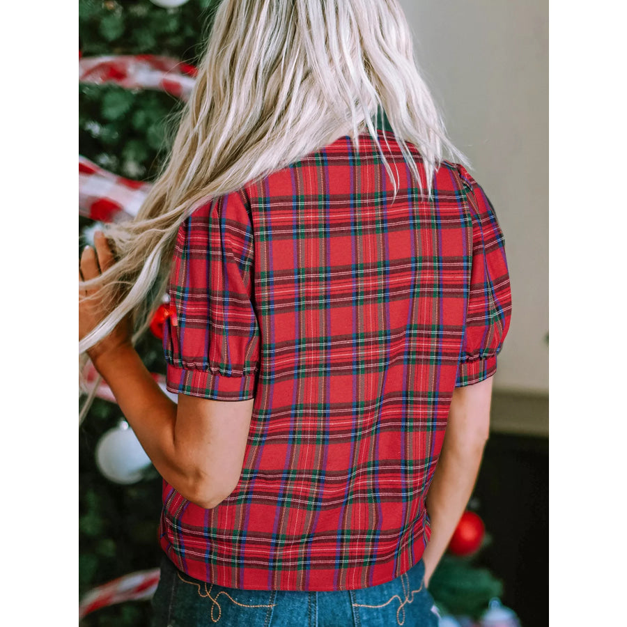 Plaid Notched Short Sleeve Blouse Apparel and Accessories