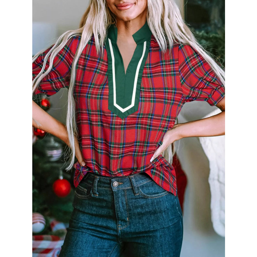 Plaid Notched Short Sleeve Blouse Burgundy / S Apparel and Accessories