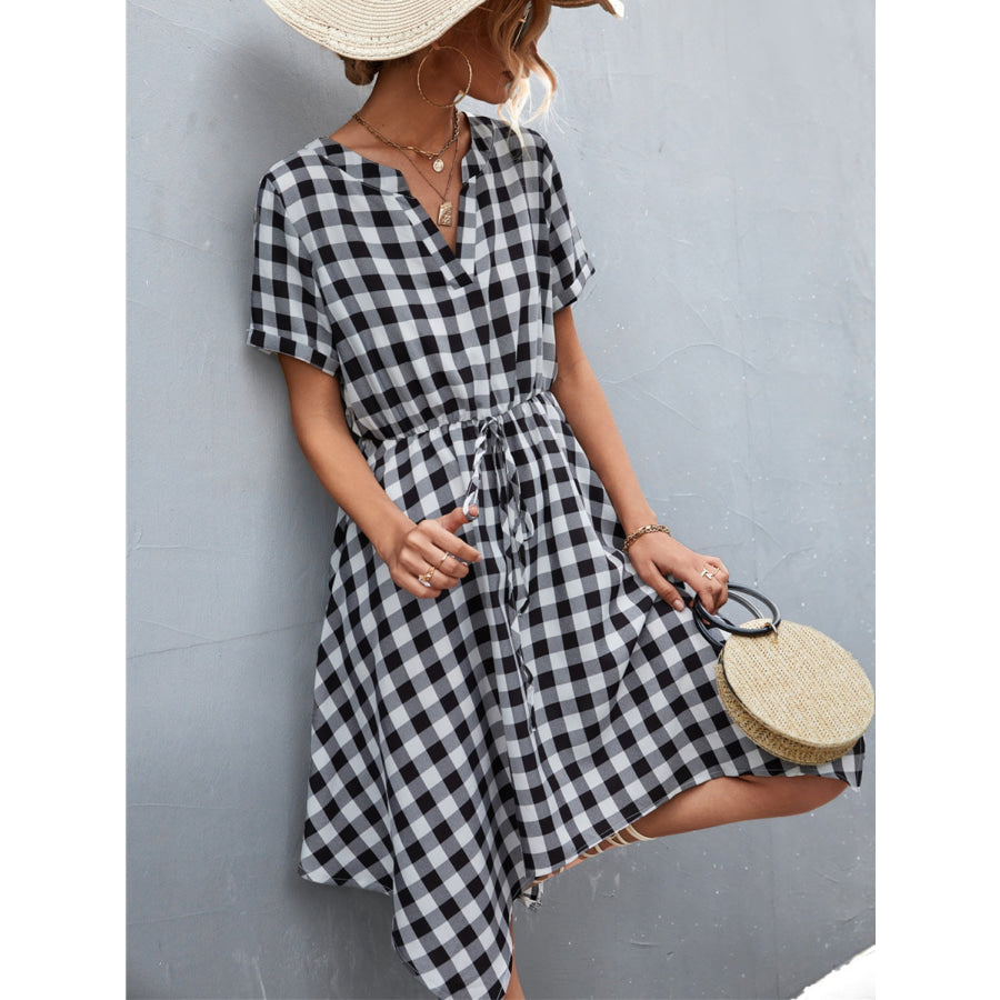 Plaid Notched Short Sleeve Dress Apparel and Accessories