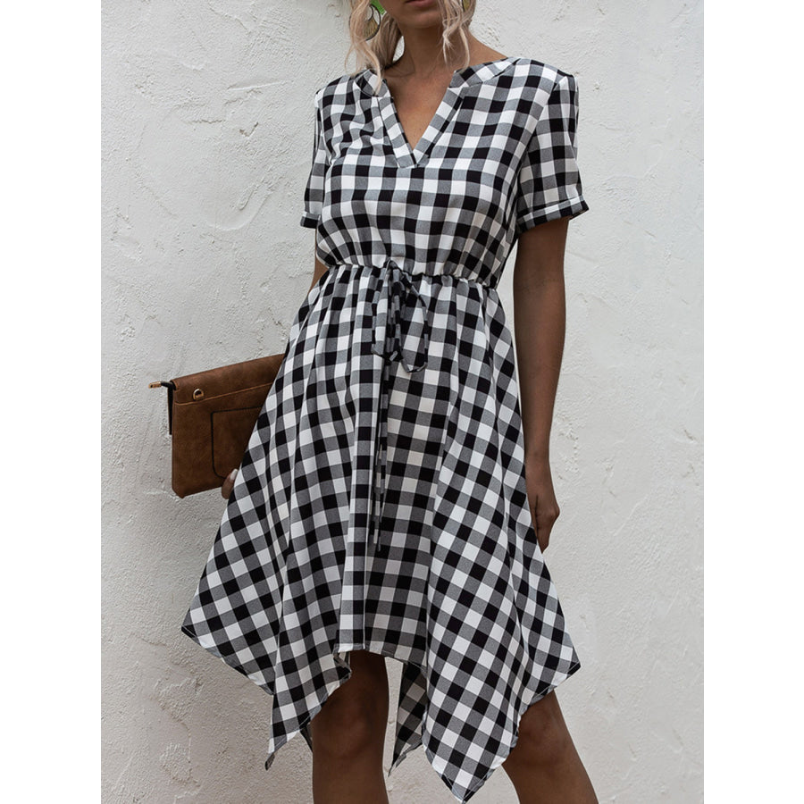 Plaid Notched Short Sleeve Dress Apparel and Accessories