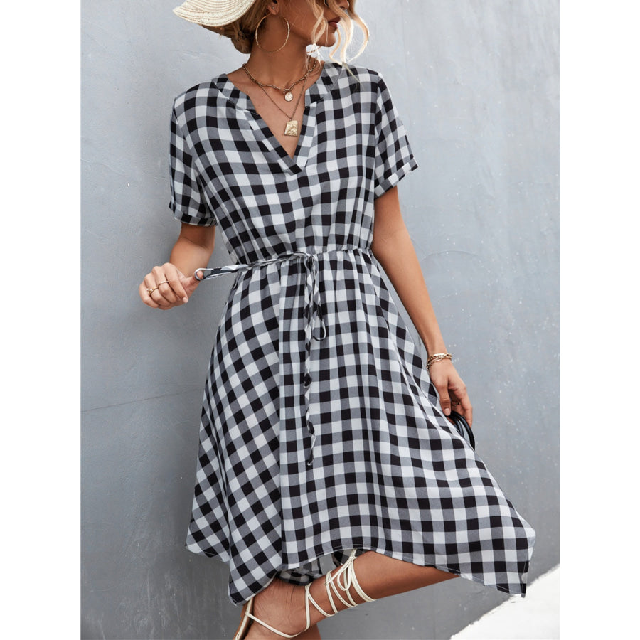 Plaid Notched Short Sleeve Dress Apparel and Accessories