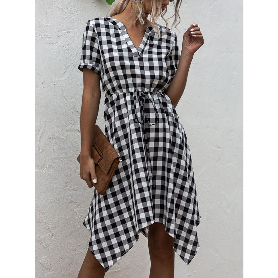 Plaid Notched Short Sleeve Dress Apparel and Accessories