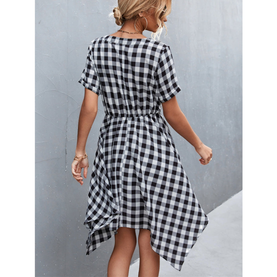 Plaid Notched Short Sleeve Dress Apparel and Accessories