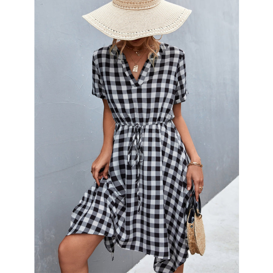 Plaid Notched Short Sleeve Dress Apparel and Accessories