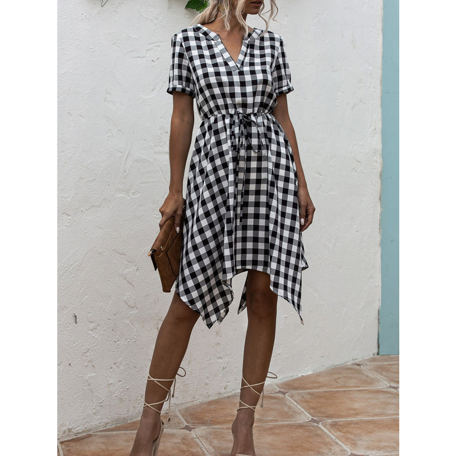 Plaid Notched Short Sleeve Dress Apparel and Accessories