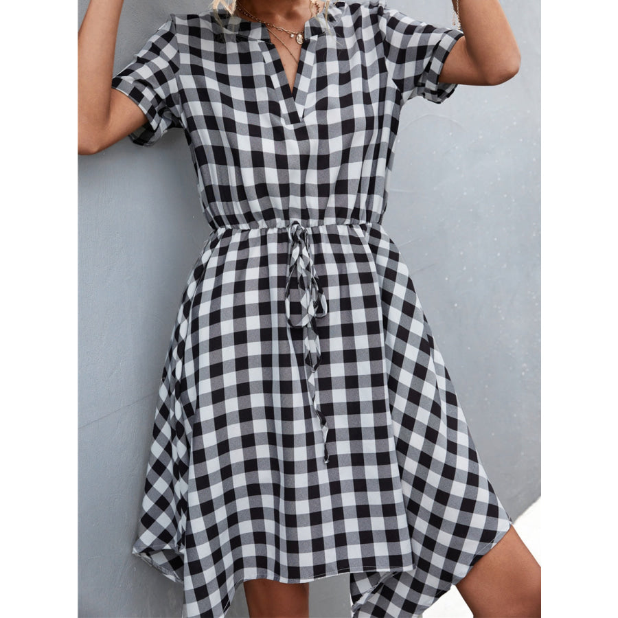 Plaid Notched Short Sleeve Dress Apparel and Accessories