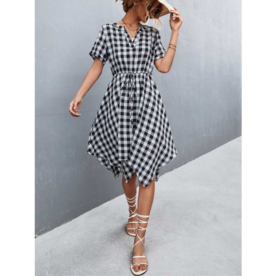 Plaid Notched Short Sleeve Dress Apparel and Accessories