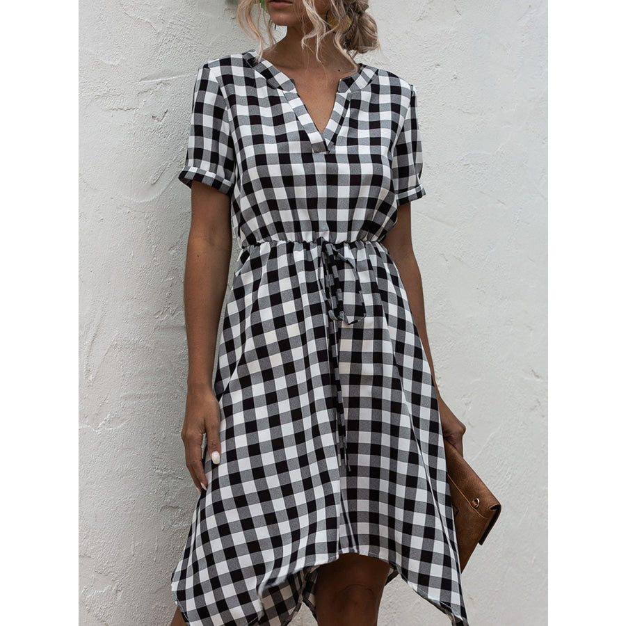 Plaid Notched Short Sleeve Dress Black / S Apparel and Accessories