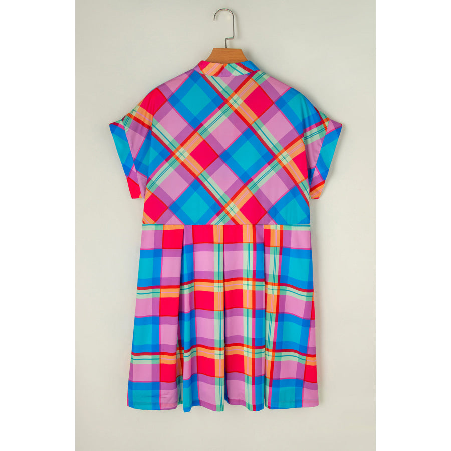 Plaid Notched Short Sleeve Mini Dress Apparel and Accessories