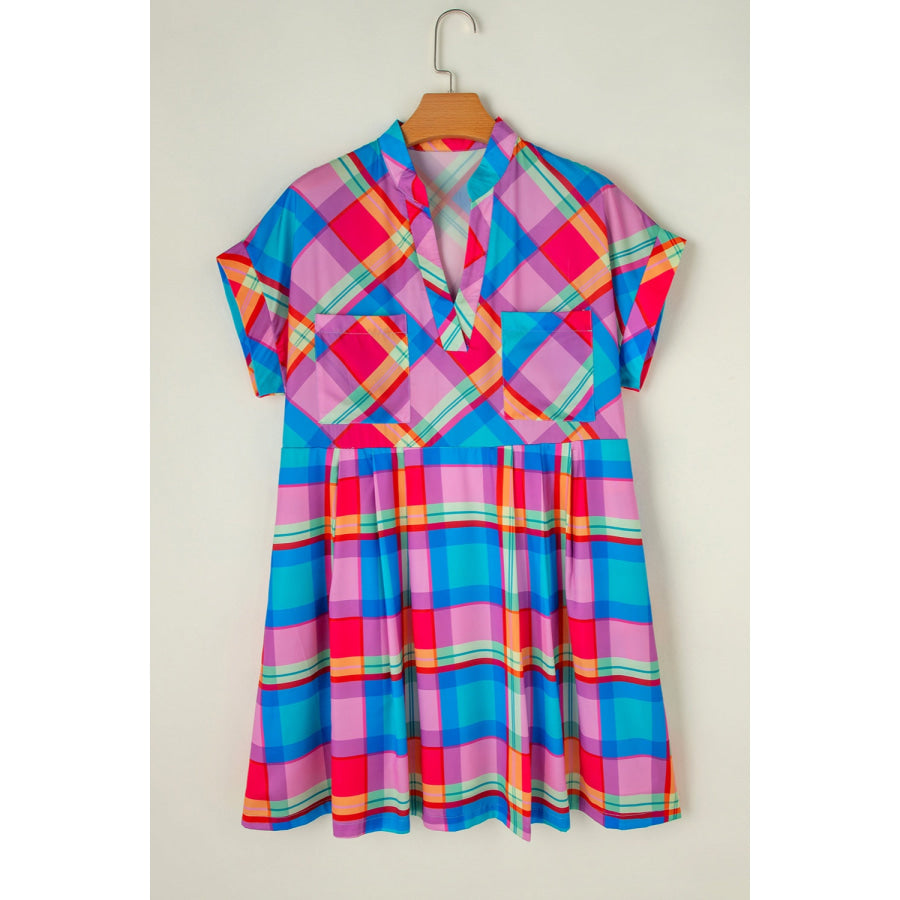 Plaid Notched Short Sleeve Mini Dress Apparel and Accessories