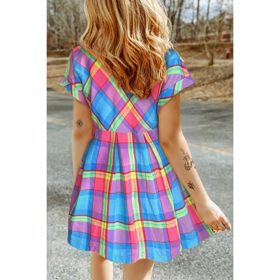 Plaid Notched Short Sleeve Mini Dress Apparel and Accessories